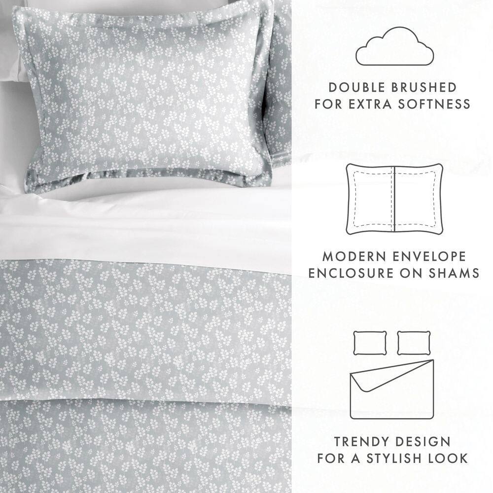 Gray Floral Microfiber Queen Duvet Cover Set