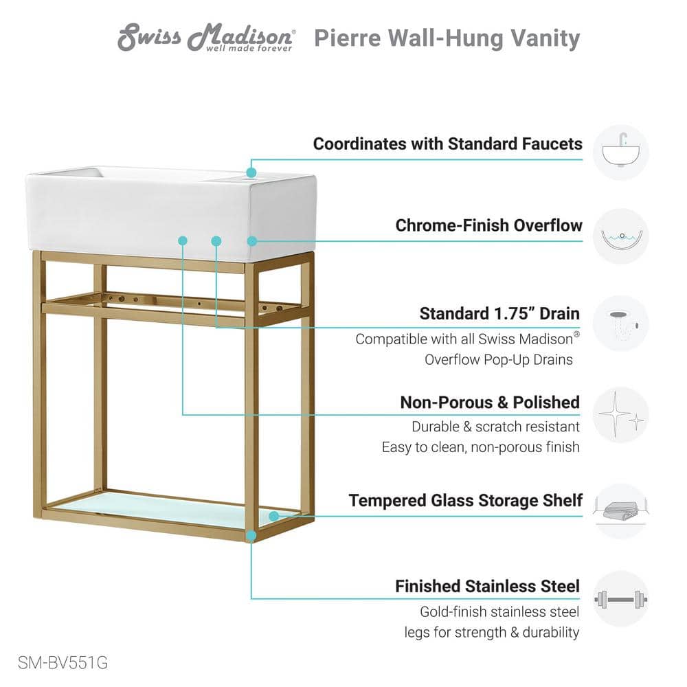 Pierre 25" Gold and White Wall-Mounted Vanity with Ceramic Top