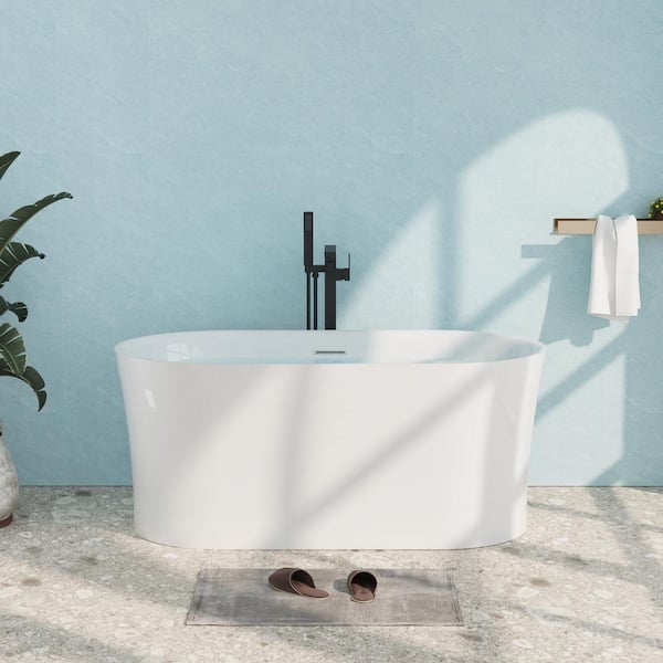 FORCLOVER 59 in. x 31.5 in. Freestanding Soaking Bathtub with Center Drain and Groove Overflow in White/Polished Chrome