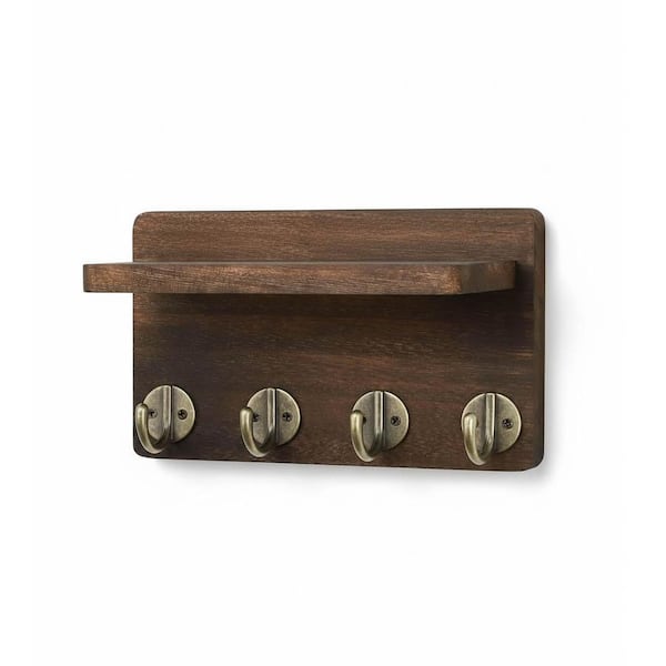 8.5 in. W x 3.7 in. D Brown Wood Decorative Wall Shelf Key Holder with 4 Hooks