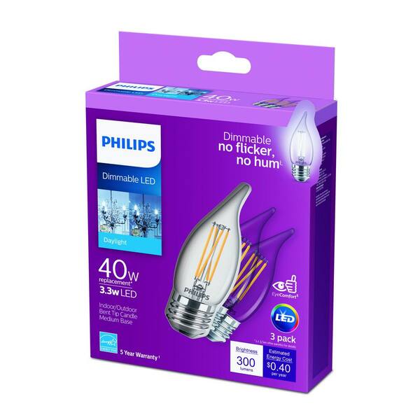 40-Watt Equivalent B11 Dimmable Edison LED Candle Light Bulb Glass Bent Tip Medium Base Daylight (5000K) 550277 - The Home Depot