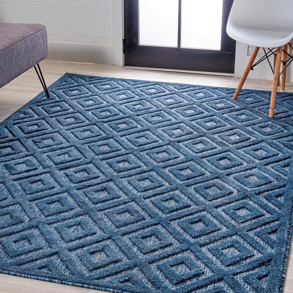 Navy Geometric Synthetic Rectangular Indoor/Outdoor Area Rug
