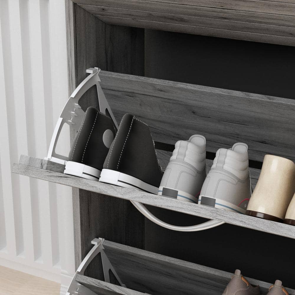 Gray Wood 3-Tier Shoe Organizer with Drawers