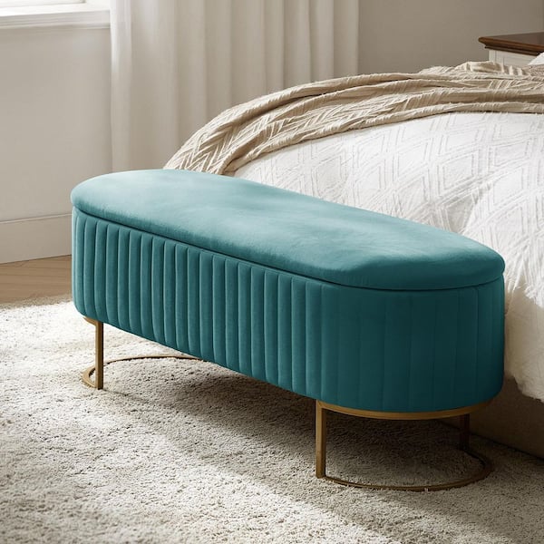 Drotar Teal Modern Storage Bench with Metal Base 50.5 in.