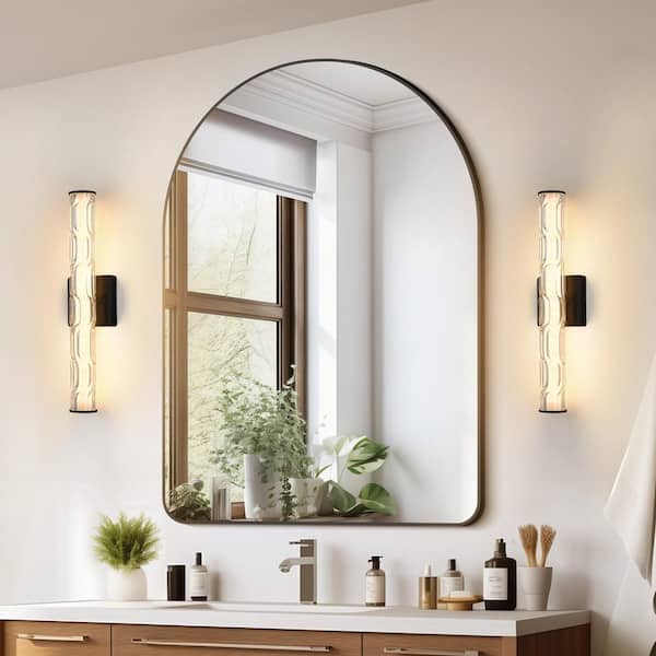 1-Light Black LED Wall Sconce Set of 2 with Textured Glass Shade, Modern Bathroom Vanity Wall Mount Light Fixture