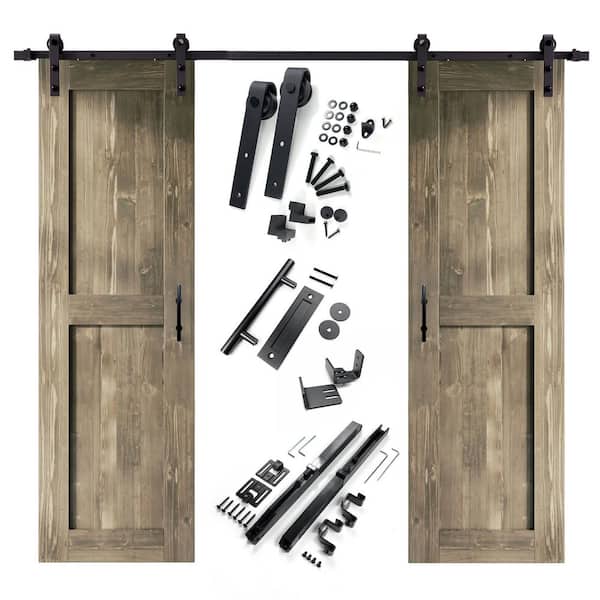 HOMACER 28 in. x 84 in. H-Frame Classic Gray Double Pine Wood Interior Sliding Barn Door with Hardware Kit Non-Bypass