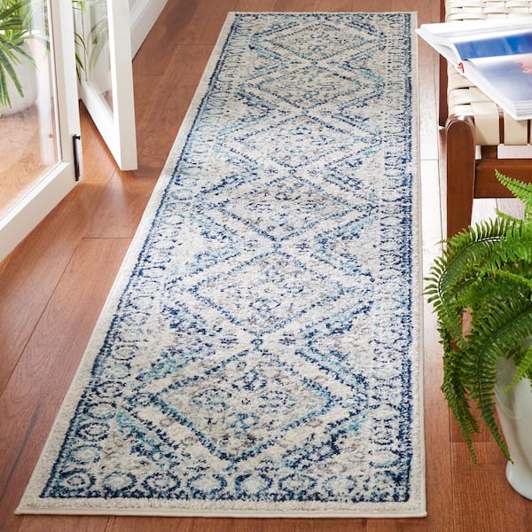 Tulum 2 ft. x 9 ft. Ivory/Blue Medallion Diamond Runner Rug