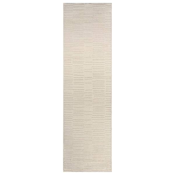 Horizontal Dash Texture Power Loomed Soft Shag High-Low Indoor 2 ft. x 12 ft. White Area Rug