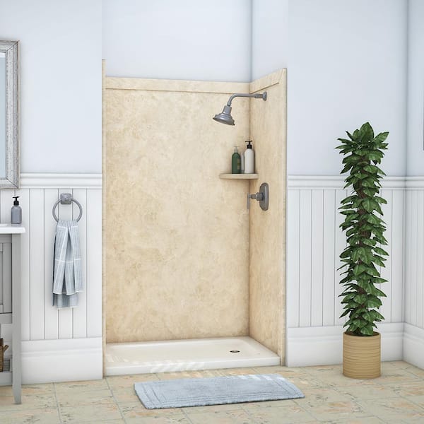 FlexStone Elegance 36 in. x 48 in. x 80 in. 9-Piece Easy Up Adhesive Alcove Shower Wall Surround in Creme Travertine