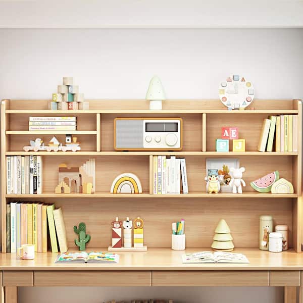 63 in. W Beige Kids Study Desk with Hutch, Wooden Writing/Computer Desk, Dual-Position Kids Desk with Drawers for Home