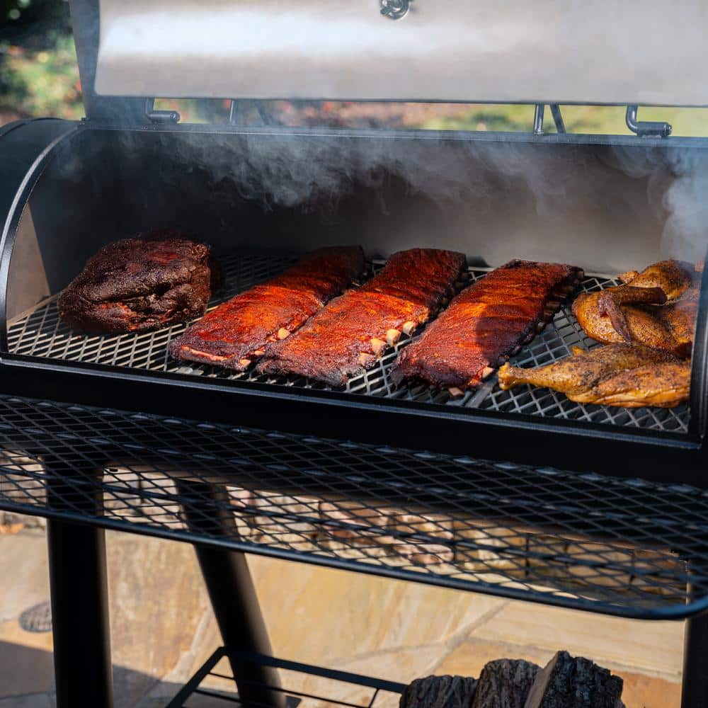 Black Heavy-Duty Steel Barrel Charcoal Grill with Smoker