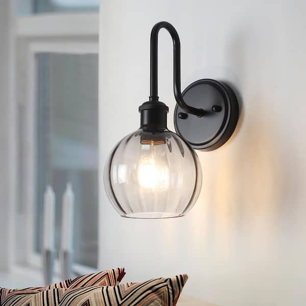 6 in. 1 light Matte Black Modern Wall Sconce with Clear Ribbed Glass Shade