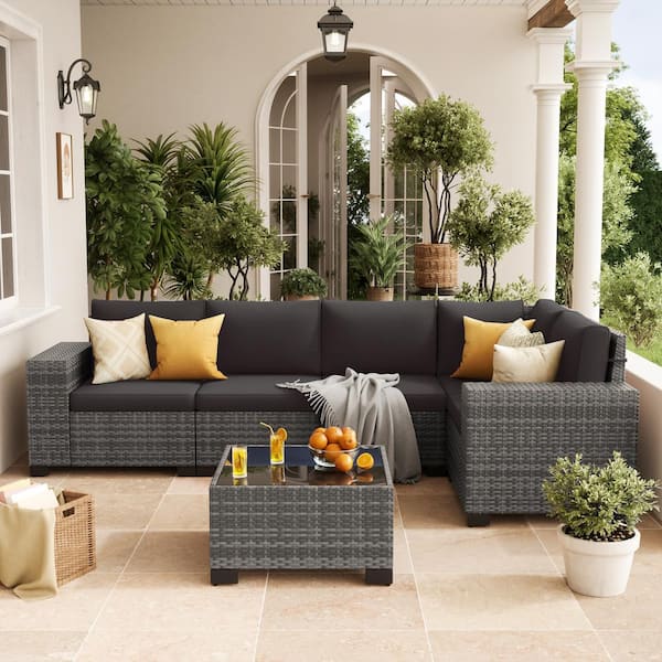Poteban 6 Pieces Outdoor Gray Wicker Patio Conversation Set With Black Cushions