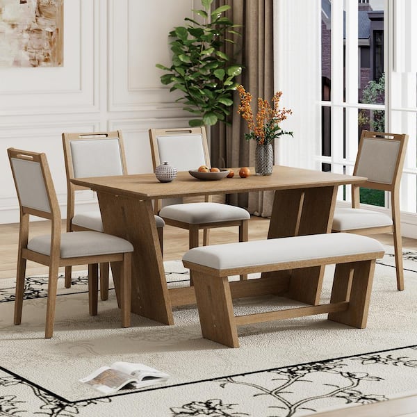 Qualler 6-Piece Rectangle Natural Wood Wash MDF Top Dining Table Set Seats 6