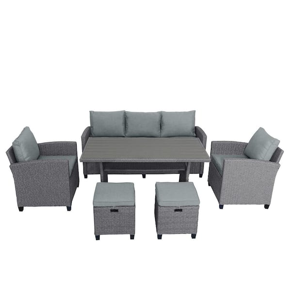 ToolCat 6-Piece Outdoor Rattan Wicker Conversation Set Patio Garden Backyard with Gray Cushions, Sofa, Chair, Stools and Table
