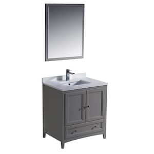 Oxford 30 in. Traditional Bathroom Vanity in Gray with Quartz Stone Vanity Top in White with White Basin and Mirror