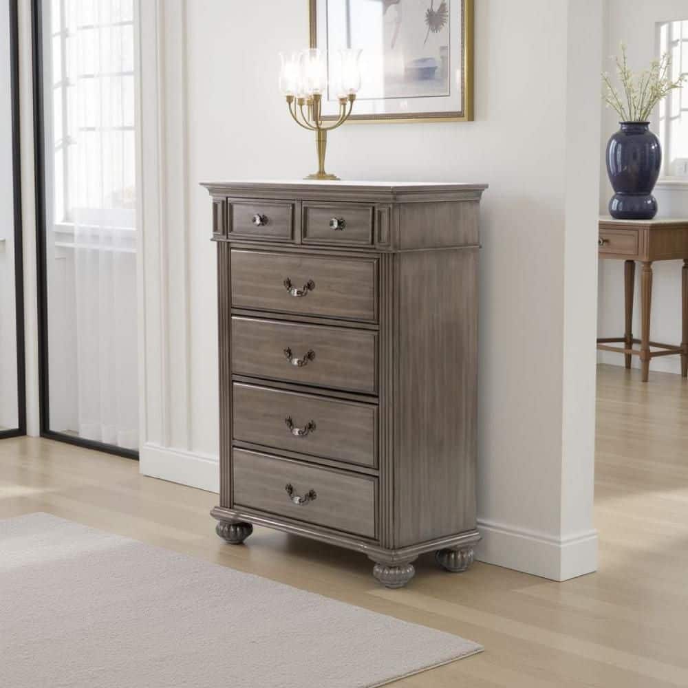 grey chest dresser Blaine - Textured Linen Bedroom Furniture enhanced by round metal knobs that add a touch of sophistication to any space Recus Tall Dresser Chest, 6