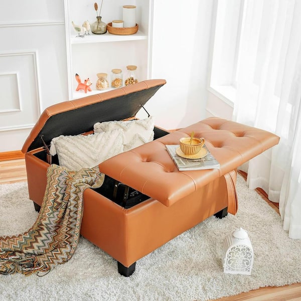 MAYKOOSH Caramel, Folding Storage Ottoman, Upholstered Leather Ottoman Coffee Table, Large Ottoman with Storage for Living Room