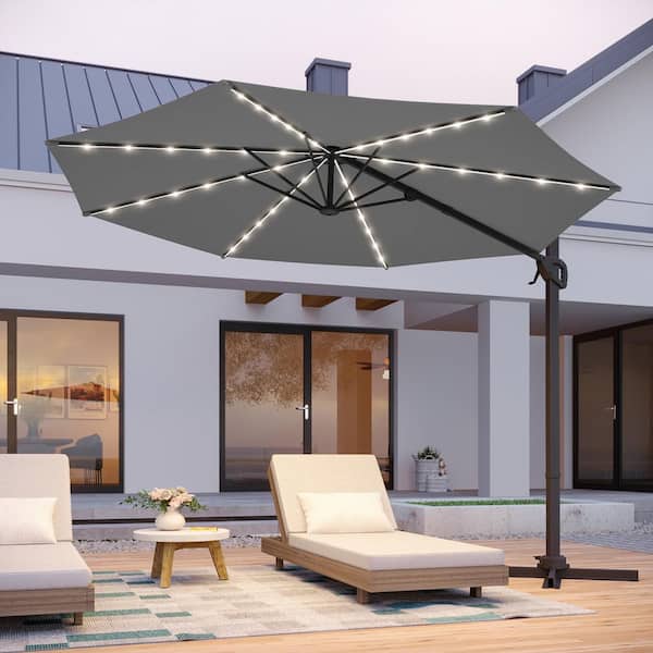 JOYESERY 10 ft. LED Cantilever Patio Umbrella, Outdoor Offset Hanging 360  Rotation with Adjustment and Cross Base in Gray JUM-JC12LY-LED