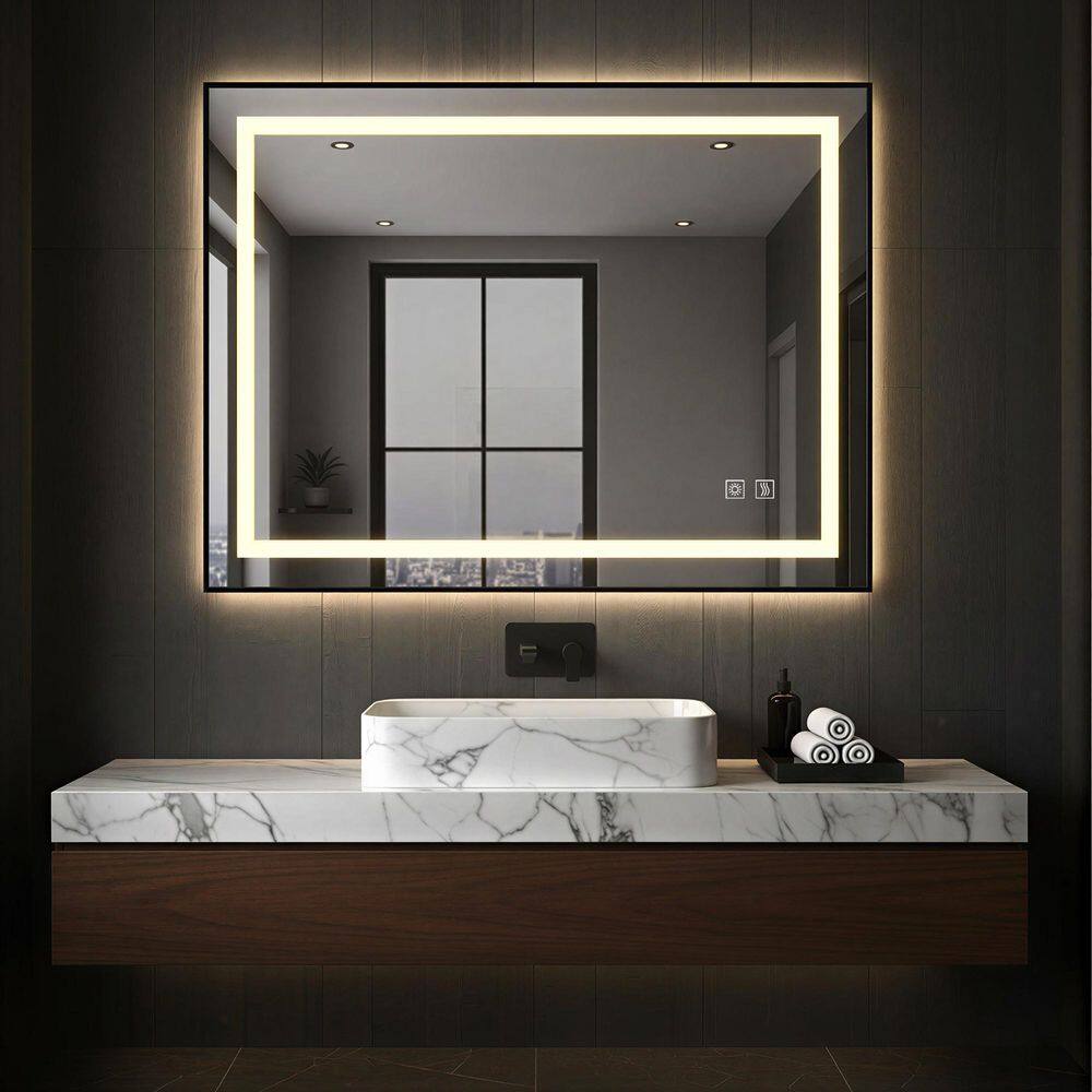 YULIKA 30 in.W x 36 in.H Rectangular Black Framed LED Bathroom Mirror ...