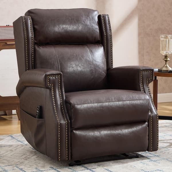 aisword Brown High-End Leather Manual Recliner Chair with Massage and Heat, Nailhead Trim, Side Pocket