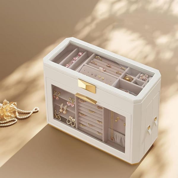 Cloud White 13.5 in. x 10 in. PU Leather Modern Jewelry Organizer