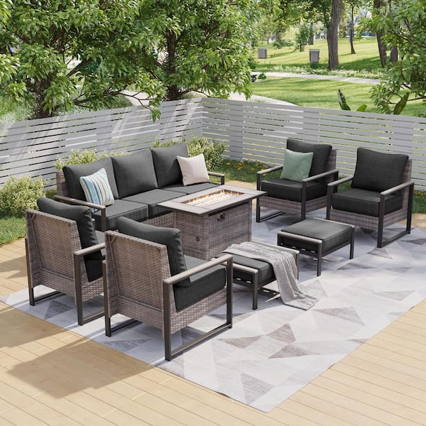 Sonkuki 8-Piece Patio Conversation Set with Fire Pit Table All-Weather Gray Wicker with Black Cushion