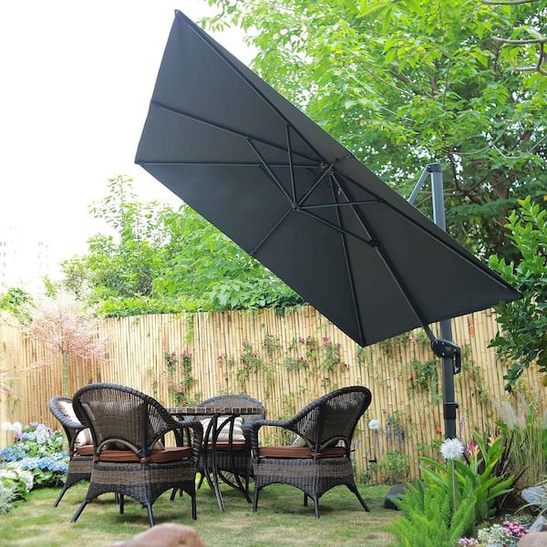 9 ft. Square Aluminum Outdoor Patio Cantilever Umbrella Offset 360° Rotation Umbrella with Base, Gray