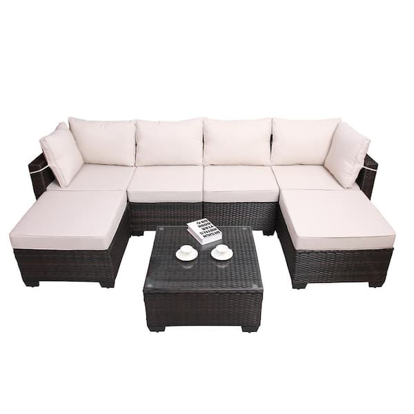 Sudzendf Brown 7-Piece PE Rattan Wicker Patio Conversation Set with Beige Cushions