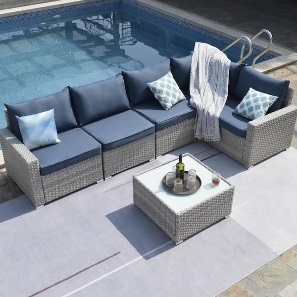 Zeus & Ruta Warm Grey Wicker 6-Pieces Outdoor Sectional Sofas Patio Conversation Set with Blue Cushions and 1 Coffee Table