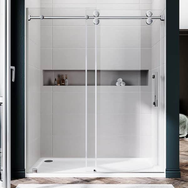 UNIKOO UKS04 56 to 60 in. W x 80 in. H U-Channel Sliding Frameless Shower Door in Chrome, EnduroShield 3/8 in. Clear Glass