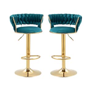 37.8 in. Swivel Adjustable Height Low Back Golden Metal Frame Cushioned Bar Stool with Teal Velvet Seat (Set of 2)