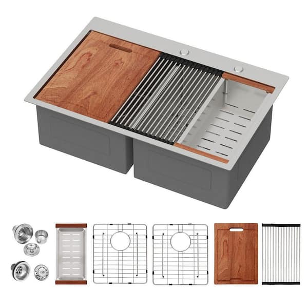 33 in. Drop in Double Bowl 16-Gauge Stainless Steel Workstation Kitchen Sink with Sliding Accessories