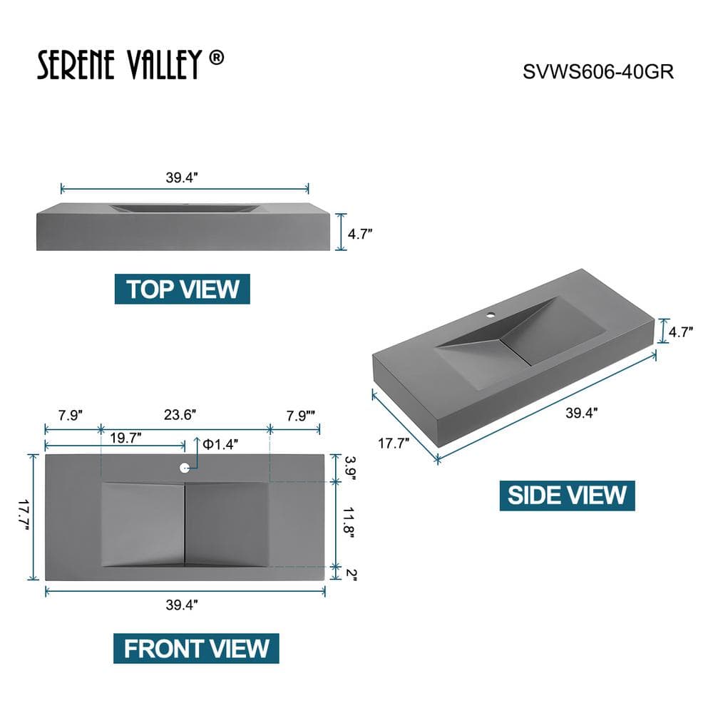 Gray Rectangular Wall-Mount Solid Surface Bathroom Sink
