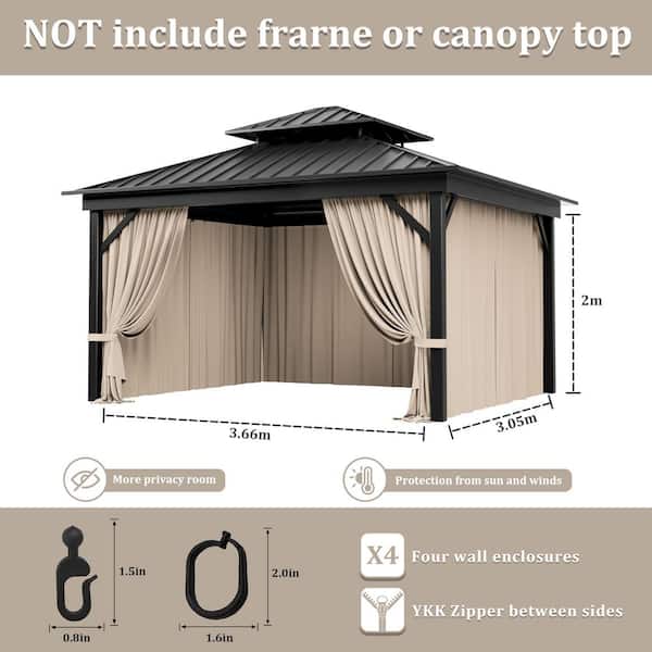 10 ft. x 12 ft. Universal Outdoor Privacy Curtains, Gazebo Curtain Replacement with Zipper Khaki (4-Side Curtain Only)