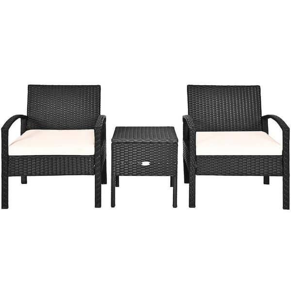 WELLFOR Black 3-Piece Wicker Patio Conversation Set with Cream Cushions