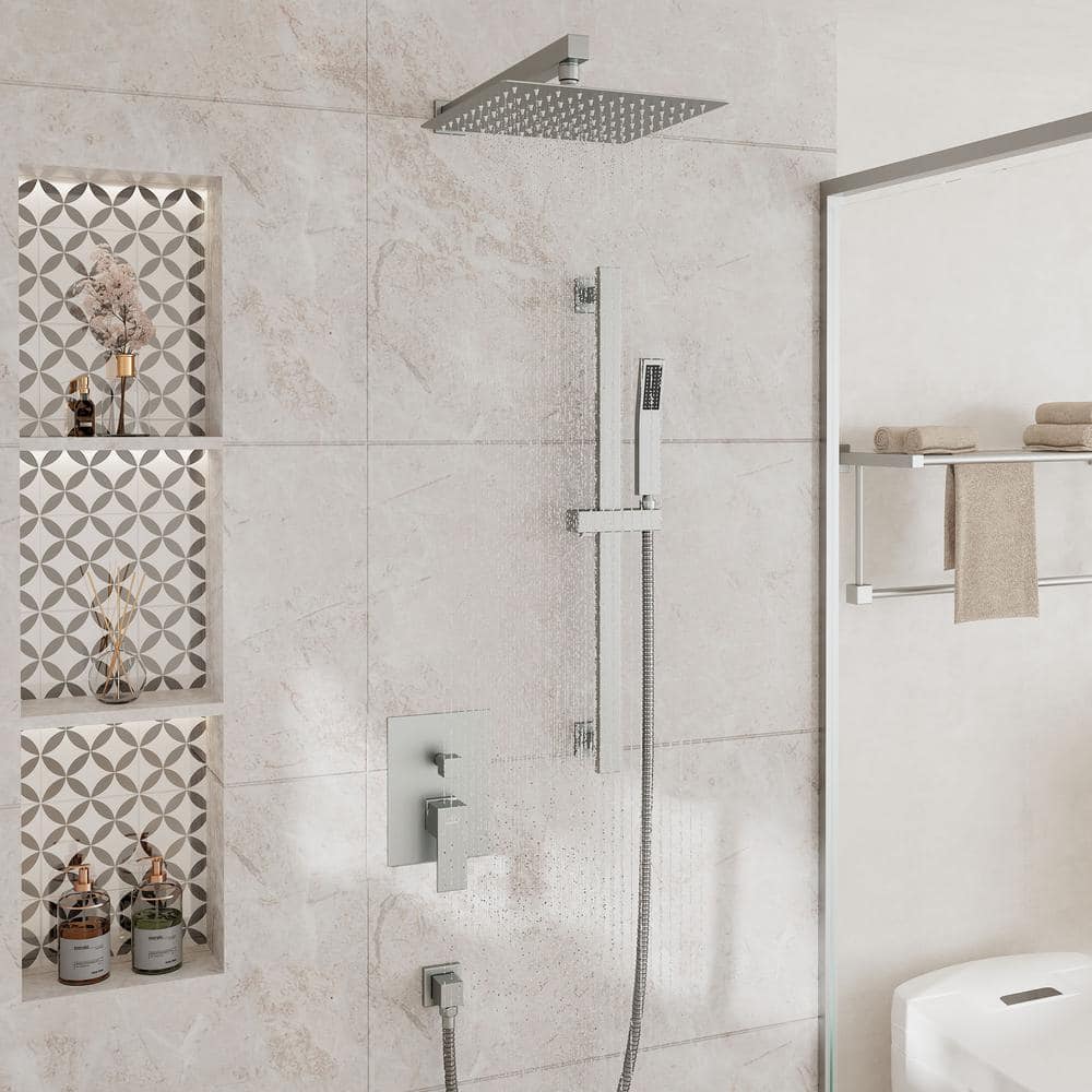 Brushed Nickel Wall-Mounted Square Rain Shower System with Handheld Spray