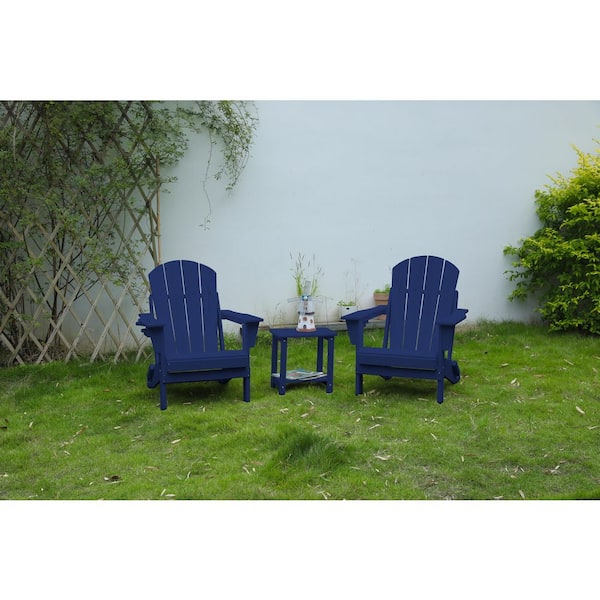 FIROMO Navy Blue Folding Composite Adirondack Chairs and Table (Set of 3) All-weather Fire Pit Chair Patio Lawn Chair for Deck