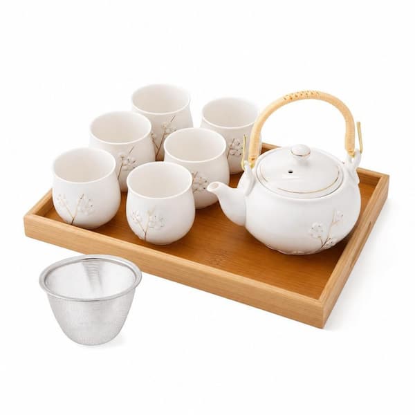 9-Piece 6-Cup White Porcelain Teapots Set with 1-Teapot, 6-Tea Cups, 1-Tea Tray and 1-Stainless Infuser