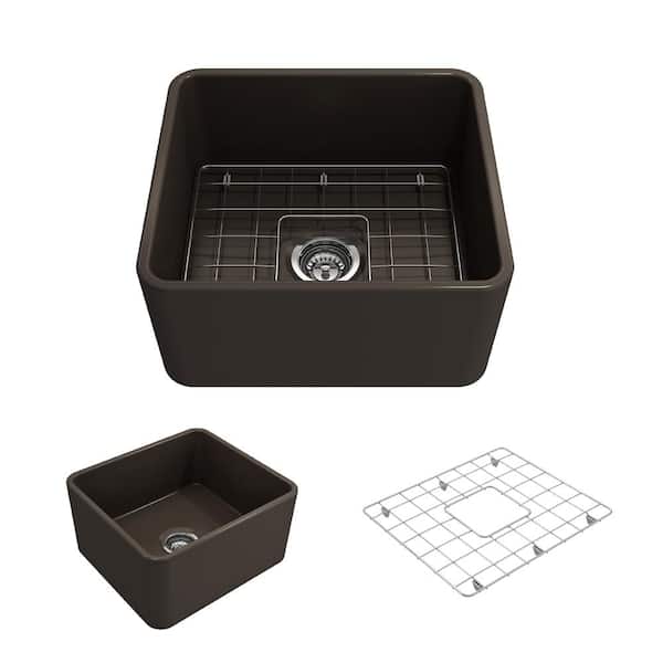 BOCCHI Classico Farmhouse Apron Front Fireclay 20 in. Single Bowl Kitchen Sink with Bottom Grid and Strainer in Matte Brown