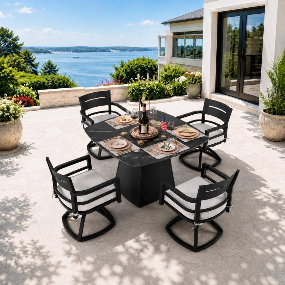 Black 5-Piece Aluminum Rounded Square Outdoor Dining Set with Sunbrella Cushions and 4 Swivel Rockers price history on PriceWatchPro
