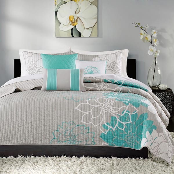 Madison Park Brianna Aqua Cotton King/Cal King Printed Quilt Set