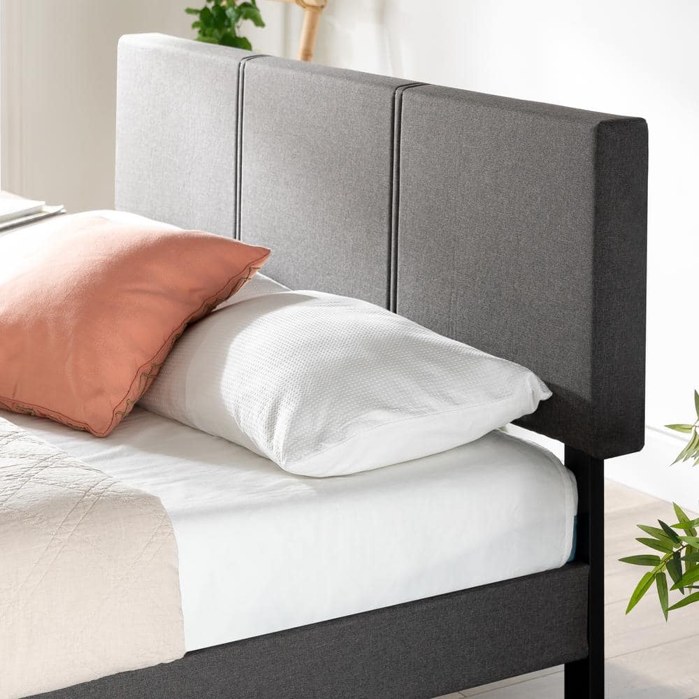 Elegant Gray Queen Upholstered Platform Bed with Bamboo Slats