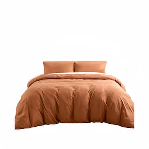 Terracotta Orange 3-Piece - 100% Certified Organic Cotton Duvet Cover Set , Linen-Like Texture, Breathable, Queen Size
