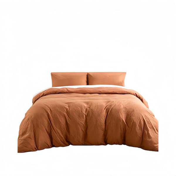 Terracotta Orange 3-Piece - 100% Certified Organic Cotton Duvet Cover Set , Linen-Like Texture, Breathable, Queen Size