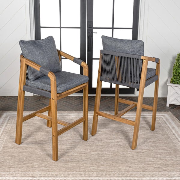 Porto Modern Coastal Tub Roped Acacia Wood Outdoor Bar Stool and Armrests, Gray/Teak Brown ith Cushions (Set of 2)