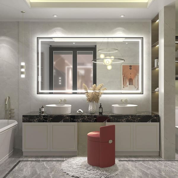 66 in. W x 36 in. H Rectangular Framed Front and Back LED Lighted Anti-Fog Wall Bathroom Vanity Mirror in Tempered Glass