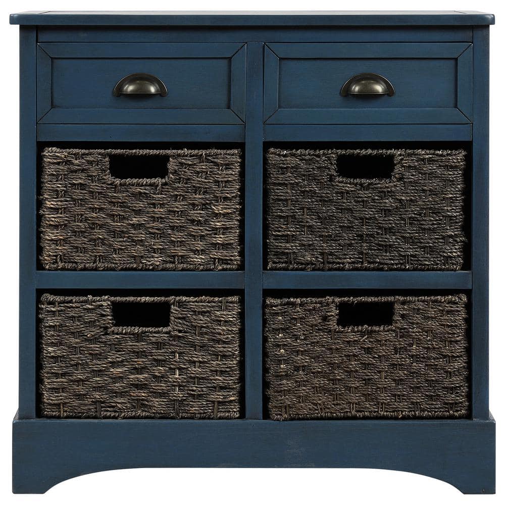 Antique Navy Pine Accent Cabinet with Rattan Baskets