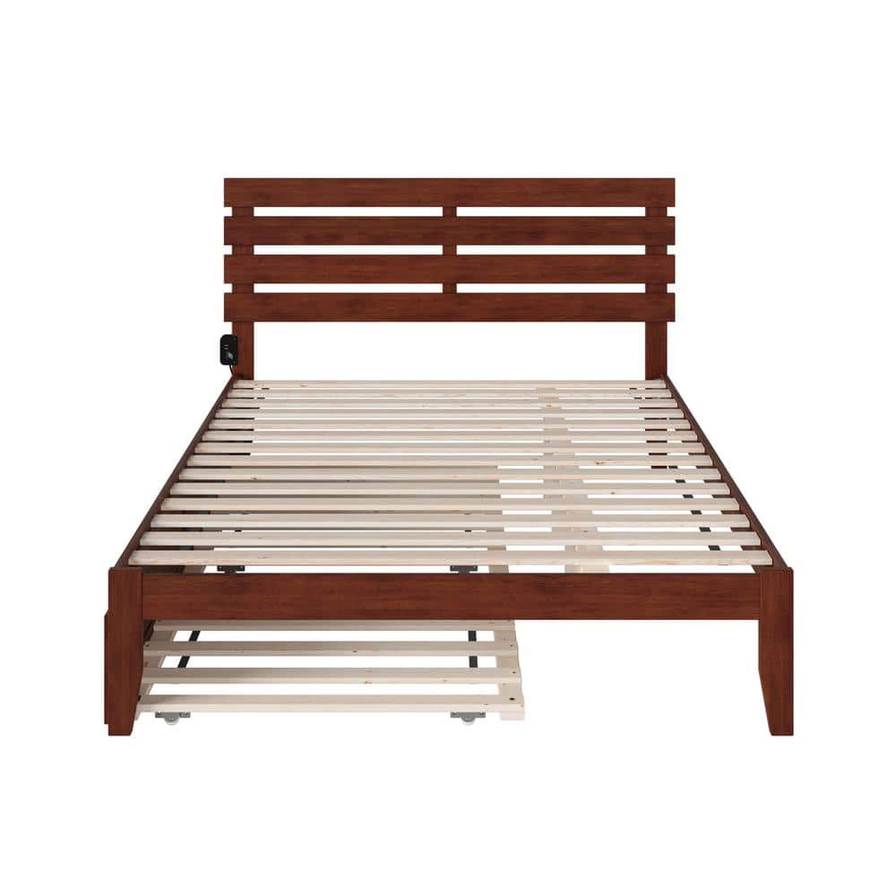 Walnut Queen Upholstered Platform Bed with Wood Headboard and Slats