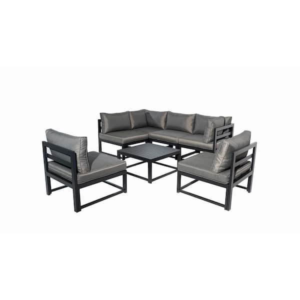 PATIOPTION Outdoor Furniture Set, 7 Pieces Aluminum Sectional Sofa Set with Gray Cushion and Coffee Table - 2 Cornerplus 4 Middle